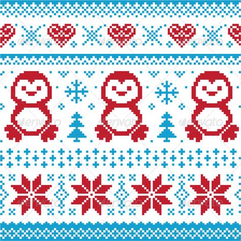 Winter Knitted Pattern with Penguins Pattern Svg Free, Christmas Sweater Pattern, Winter Knitting Patterns, Fair Isle Chart, Pattern Svg, Fair Isle Knitting Patterns, Fair Isles, Fair Isle Pattern, Crochet Motifs