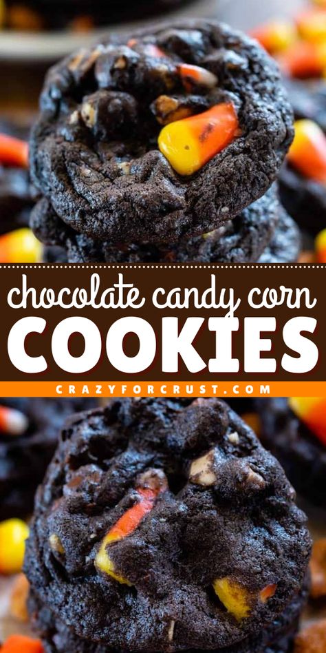 An easy Halloween dessert featuring soft and chewy double chocolate cookies! If you need more Halloween treats for parties, these Chocolate Candy Corn Cookies are so delicious and fun. Definitely one of the best Halloween cookie recipes! Gooey Desserts, Candy Corn Sugar Cookies, Candy Corn Recipe, Sugar Cookies From Scratch, Corn Cookies, Double Chocolate Cookies Recipe, Chocolate Cookie Recipe, Candy Corn Cookies, Halloween Cookie Recipes