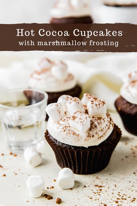 Marshmallow Frosting Cupcakes, Marshmallow Frosting With Fluff, Hot Cocoa Cupcakes, Cocoa Cupcakes, Marshmallow Frosting Recipes, Marshmallow Fluff Frosting, Marshmallow Icing, Hot Chocolate Brownies, Sweet Potato Cupcakes