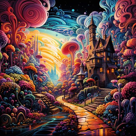 german expressionism, whimsical gothic suburbia vibrant candy garden with dramatic or cinematic lighting, vibrant iridescent with neon rainbow outlines --v 5.2 --s 250 --ar 1:1 Fantasy Clouds, Whimsical Castle, Imac Wallpaper, Vibrant Landscape, Stitch Ideas, Dream Art, Nyx, Colorful Flowers, The Sky