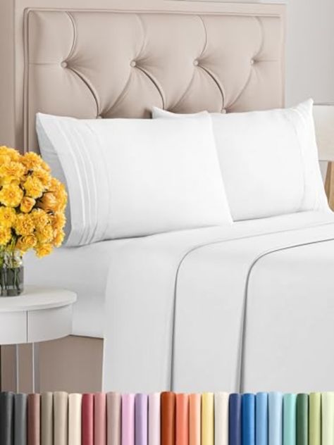 About this item
4 PIECE BED SHEET SET: 2 pillow cases and a flat sheet and fitted sheet. Flat Sheet (102”x 90”) Fitted Sheet (80”x 60”) 2 Pillow Cases (20” x 30”).
DEEP POCKETS/ EASY FIT: They fit mattresses up to around 16 inches deep. If your mattress is smaller than 16 inches it will fit just fine. A lot of mattresses are pretty big these days and we feel this is a good universal size that fits most mattresses. Cozy Sheets, Cooling Sheets, Soft Sheets, Queen Size Sheets, Luxury Bed Sheets, Organic Cotton Sheets, Sewing Furniture, Find Amazon, Hotel Luxury