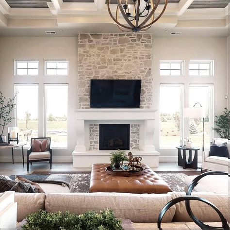 Fireplace Between Windows, Cottage Fireplace, Cabin Fireplace, New House Living Room, Lakeside Cabin, Modern Rustic Homes, Farmhouse Fireplace, Hearth Room, Home Addition