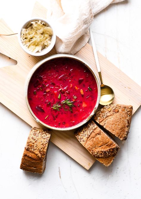 Vegetarian Borscht | Nourish Deliciously Vegetarian Borscht, Red Soup, Borscht Recipe, Borscht Soup, Good Soup, Red Beets, Fresh Green Beans, Soup Chili, Bowl Of Soup