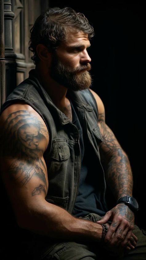 Burly Man Character Design, Man Character Design, Punk Female Character Design, Punk Female, Burly Men, Book Character Ideas, Tatted Men, Tattooed Men, Masculine Style