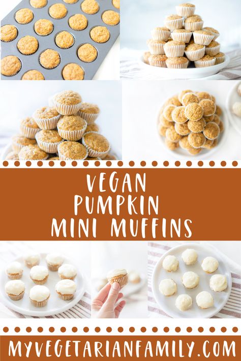 Vegan Pumpkin Mini Muffins with Icing | My Vegetarian Family #egglessbaking #veganmuffins #veganpumpkinmuffins Vegan Pumpkin Mini Muffins, Best Homemade Icing, Vegan Mini Muffins, Muffins With Icing, Pumpkin Mini Muffins, Baking Without Eggs, Mini Pumpkin Muffins, Vegan Pumpkin Muffins, Homemade Icing