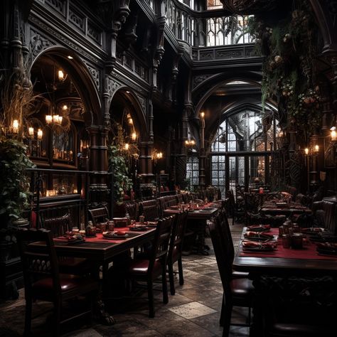 Gothic Architecture House Exterior, Goth Club Interior, Gothic Dining Hall, Gothic Restaurant Interior Design, Industrial Gothic Interior, Goth Restaurant, Dark Restaurant Interior, Gothic Restaurant, Gothic Cafe