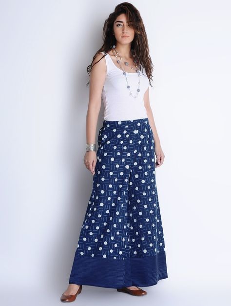 Natural Indigo-Ivory Bagru Printed Pintuck Detailed Elasticated Waist Cotton Palazzos by Jaypore Indigo Skirt And Top, Indian Skirt And Top, High Waisted Tie Pants, Palazzo Outfits, Cotton Palazzo Pants, Pants Ideas, Long Skirt And Top, Skirt Tops, Bathroom Makeovers