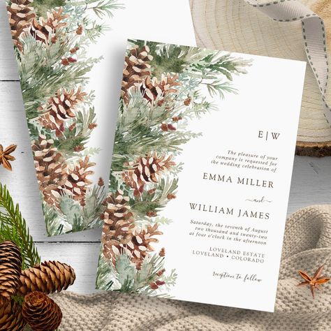 Monogrammed Winter Wedding Invitation. Personalize your wedding invitations with our monogrammed design, highlighted by a delicate side bouquet. As part of the "Elegant Winter Pinecone Greenery Wedding Suite," this invitation merges personal elegance with the serene beauty of winter, creating a seamless and sophisticated aesthetic for your special day. January Wedding Invitations, Winter Invitation Template, Sage Green Winter Wedding, Wedding Pinecones, Winter Green Wedding, Wedding Invitation Verbiage, Winter Wedding Invites, Narnia Wedding, Winter Wonderland Wedding Invitations