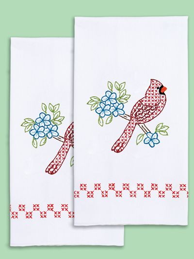 Cardinal Prestamped Hand Towels - 2/pkg Stamped Embroidery Kit, Jack Dempsey, Guest Hand Towels, Decorative Hand Towels, Bird Stamp, Towel Embroidery, Flower Stamp, Homemade Crafts, Needle Art