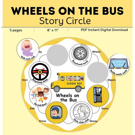 "Wheels on the Bus Activity Wheel Digital Download (No physical Item will be mailed) DOWNLOAD FORMATS 📁3- PDF Files Sizes: 8.5\" x 11\" pages Story Wheel is approx 7.75\" W x 7.75\" H Story pieces are approx 1.75\"H X 1.75\" H Copy of Wheels on the Bus song INFORMATION: ▪️THIS IS A DIGITAL PRODUCT 🚫NO PHYSICAL ITEM WILL BE SENT TO YOU ▪️Watermarks will not appear on your files ▪️PDF printable files do NOT work on mobile devices or tablets. They should be download on a computer or laptop. ⚠️Due to the product being an instant download, refunds cannot be provided once an order has been paid. Be sure your computer has the programs that will support the downloads before purchase. Have fun with your child or class retelling the story \"Going on a Bear Hunt\". This will help with sequencing re Wheels On The Bus Activities Toddlers, The Wheels On The Bus Activities, Bus Activities For Preschool, Wheels On The Bus Activities, Sequencing Preschool, Wheels On The Bus Song, Nursery Rhymes Preschool Crafts, Bus Information, Bus Crafts