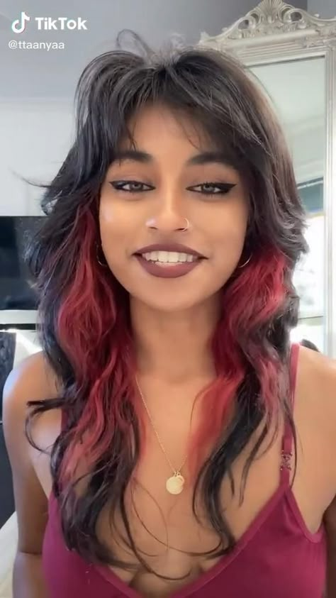 (paid link) We called on hair experts and asked for their color predictions for 2021. From chunky highlights to terracotta-red, these are the shades that will be trending this ... Black And Purple Wolfcut, Soft Mullet Hairstyle Women Long Hair, Edgy Long Haircut Grunge, Wolfcut Dyed Underneath, Shag Dyed Hair, Shag Colored Hair, Black And Red Shag Hair, Hairstyles For Shag Haircut, Red Wolfcut Hair