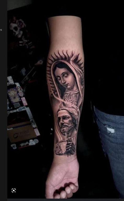 Neck Tattoos Ideas Women, Virgen Mary Tattoo For Women Sleeve, San Judas Forearm Tattoo, Virgin Mary And San Judas Tattoo, San Judas And Virgen Tattoo, Tattoo Ideas San Judas, Pretty Tattoos Sleeve, San Judas And Virgen Tattoo Together, San Judas Hand Tattoo