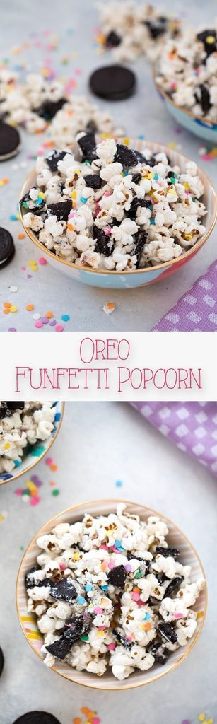 Oreo Funfetti Popcorn -- This dessert popcorn is also known as birthday cake popcorn or party popcorn. Packed with sprinkles and Birthday Cake Oreo Cookies, it's a quick and easy dessert perfect for bringing to parties! | wearenotmartha.com #popcorn #funfetti #oreo #party #easter #spring #birthdaycake #birthdya Funfetti Popcorn, Dessert Popcorn, Oreo Party, Funfetti Oreo, Birthday Cake Oreo, Popcorn Ideas, Cake Popcorn, Birthday Cake Popcorn, Party Popcorn