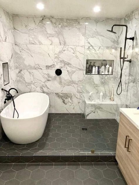 Master Bath Tub And Shower Ideas, Walk In Shower Ideas No Glass Door, Tub In Shower Master Bath, Tub In Shower Area, Bathroom Tub Ideas, Organization Small Bathroom, Wet Room Bathroom, Full Bathroom Remodel, Bathroom Decorating Ideas