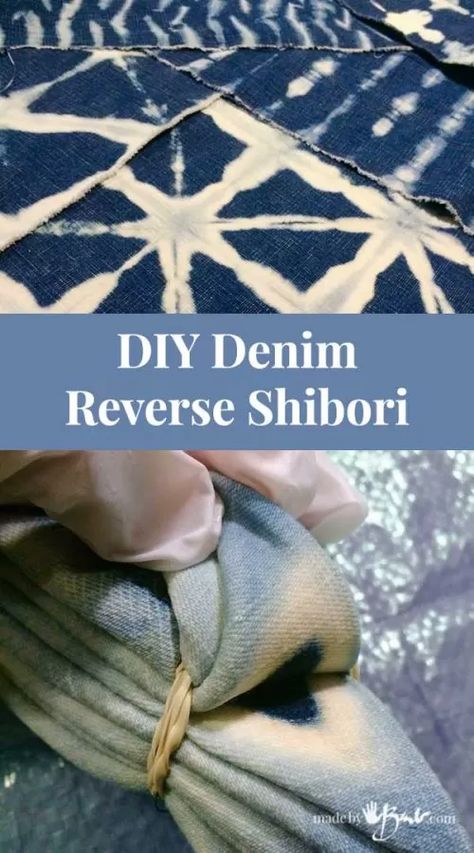 DIY Denim Reverse Shibori - Made By Barb - simple bleach dyeing pattern Denim Bleaching Techniques, Reverse Tie Dye With Bleach Patterns, Bleach Denim Diy, Bleach Printing On Fabric, Denim Bleach Art, Bleach Jeans Diy Denim, Diy Shibori Tutorials, Denim Dyeing, Bleaching Fabric