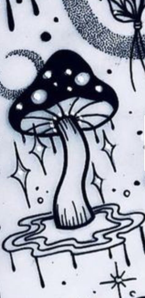 Shroom Art Drawing, Trippy Designs Pattern Easy, Drippy Mushroom Drawing, Mushroom Flash Art, Dripping Mushroom Drawing, Magical Mushroom Drawing, Cool Mushroom Drawings Trippy, Trippy Mushroom Tattoo Ideas, Gel Pen Art Ideas Easy