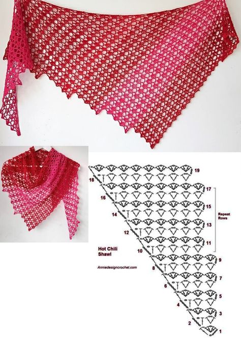 Crochet Scarf Diagram, Crochet Triangle Shawl Pattern, Crochet Shawl Diagram, Crocheted Shawl, Crochet Lace Shawl, شال كروشيه, Womens Crochet Patterns, Mode Crochet, Crochet Shawl Pattern Free