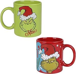 The Grinch Feelin’ Grinchy and Naughty or Nice 2-Pack 16 Oz Ceramic Mug Set Grinch Images, Ceramic Mug Set, Green Letters, Coca Cola Christmas, Green Mug, Grinch Party, Spode Christmas Tree, Red Mug, Green Mugs