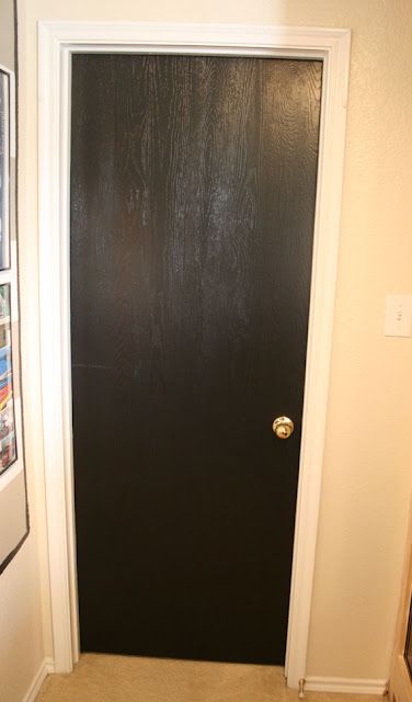 After painting black.  We have the same ugly plain interior doors and I'm considering painting or decorating somehow.  The frames don't have to match, do they? Paint Colors For Interior Doors, Colors For Interior Doors, Stained Interior Doors, Painted Interior Door, Interior Doors Black, Painting Interior Doors, Painting Interior Doors Black, Black Paint Colors, Striped Accent Wall