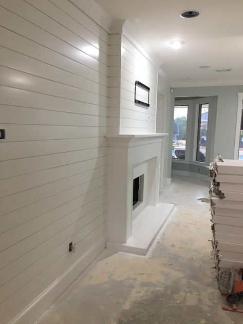 Wall Remodel, Shiplap Living Room, Shiplap Feature Wall, White Brick Fireplace, Feature Wall Living Room, Shiplap Wall Diy, Shiplap Accent Wall, White Shiplap Wall, Shiplap Fireplace