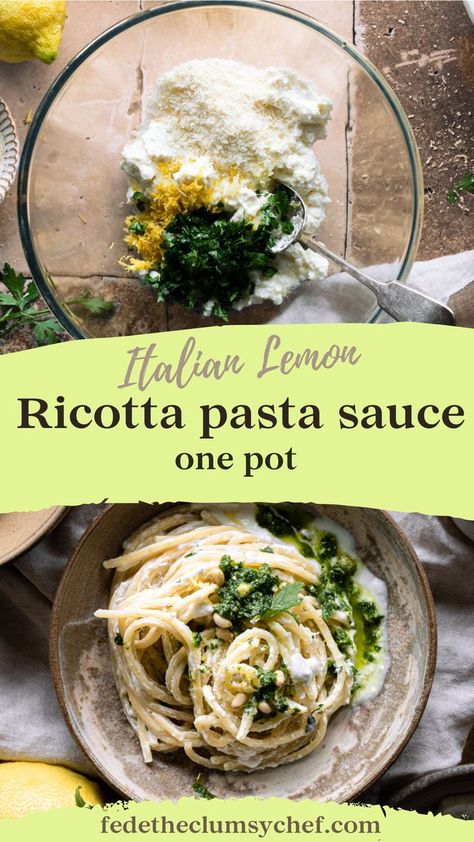 Bowl with pasta with ricotta sauce and pesto Lemon Pasta Sauce, Ricotta Pasta Sauce, Easy One Pot Pasta, Pasta With Lemon Sauce, Pasta With Ricotta, Lazy Night, Ricotta Pasta, Lemon Ricotta, Lemon Pasta