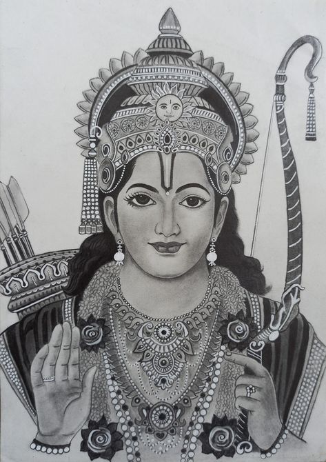 Shri Ram Sketch Drawing, Hindu Gods Pencil Drawings, Shri Krishna Drawing Sketch Art, Ram Bhagwan Sketch, Shri Ram Sketch Pencil Easy, Indian Gods Sketch, Siya Ram Mandala Art, Shri Ram Mandala Art, Siya Ram Drawings