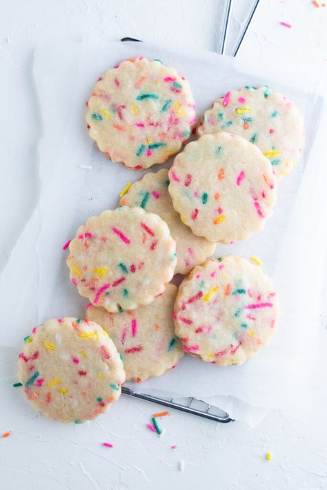 Funfetti Shortbread Cookies - Short Stack Kitchen Funfetti Shortbread Cookies, Shortbread Cookies Easy, Funfetti Cookies, Short Stack, Measuring Ingredients, Shortbread Cookie Recipe, Buttery Cookies, Almond Flavor, Market Stall