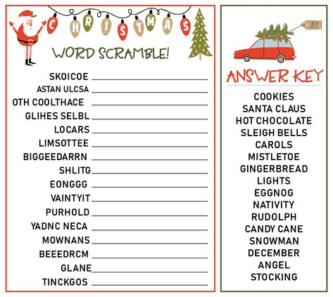 Christmas Word Scramble and Answers Christmas Riddles, Christmas Word Scramble, Christmas Quiz, Scramble Words, Christmas Word Search, Fun Christmas Party Games, Printable Christmas Games, Holiday Words, Christmas Trivia