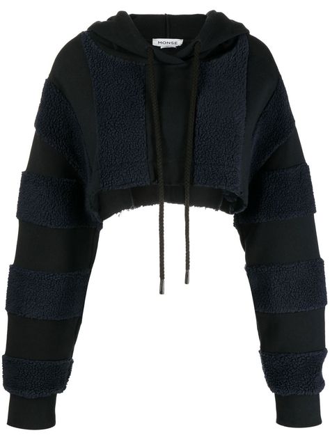 black/midnight blue cotton panelled design drawstring hood drop shoulder long sleeves ribbed cuffs raw-cut hem cropped Hood Up Outfit, Sleeveless Crop Top Hoodie, Half Hoodie Crop Outfit, Off The Shoulder Hoodie, Crop Top Hoodie Outfit, Cropped Hoodie Outfit, Cut Out Hoodie, Crop Hoodies, Hoodie Crop Top