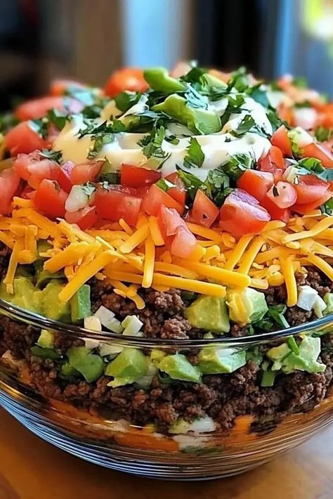 Mexican Taco Salad Recipe, Sombrero Salad, 7 Layer Taco Salad Recipe, 7 Layer Taco Salad, Mexican Salad Bowl, Layered Taco Salad, Santa Fe Salad, Dorito Taco Salad Recipe, Taco Salad Recipe Healthy