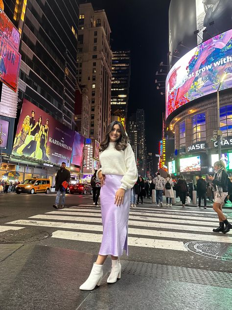 Lavender Silk Skirt Outfit, Purple Rain Boots Outfit, White Boot Dress Outfit, Lavender Boots Outfit, Purple Winter Outfit Aesthetic, Purple Modest Outfit, Purple Silk Skirt Outfit, Light Purple Skirt Outfit, Purple Sweater Dress Outfit