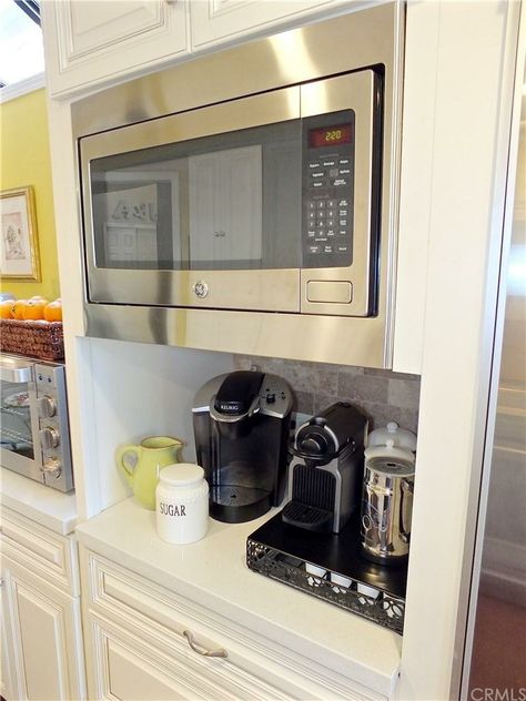 Cabinet Mounted Microwave, Farmhouse Kitchen Microwave Placement, Microwave Nook, Built In Microwave Cabinet, Hanging Microwave, Cabinet Layout, Montana Kitchen, Kitchen Improvements, Small Kitchen Layouts