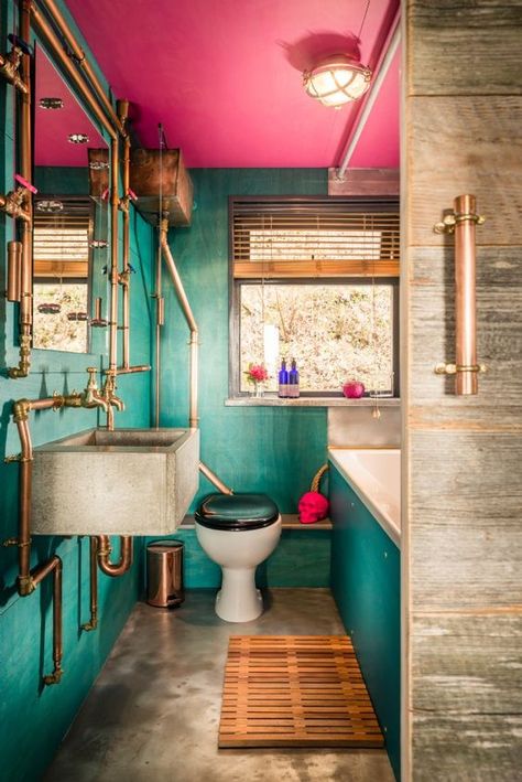 Maximalist Bathroom Decor, Perranporth Beach, Maximalist Bathroom, Funky Bathroom, Colourful Bathroom, Pink Ceiling, Eclectic Bathroom, Luxury Cottage, Decor Shabby Chic