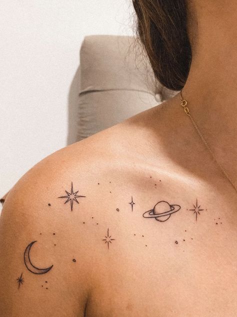 Capricorn And Saturn Tattoo, Birth Stars Tattoo, Planetary Tattoo Ideas, Constilation Tattoo Shoulder, Capercorn Tattoo, Capricorn And Gemini Tattoo, Mmvii Tattoo, Capricorn Saturn Tattoo, Earth Sign Tattoo Capricorn