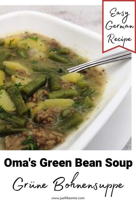 Oma's Green Bean Soup recipe is so easy. A traditional grüne Bohnensuppe that uses a basic method that’s the start of so many variations on the original German soup. German Soup, Green Bean Soup, Green Beans Soup, Easy German Recipes, German Food Authentic, German Foods, Bean Soup Recipe, Bean Soup Recipes, German Recipes