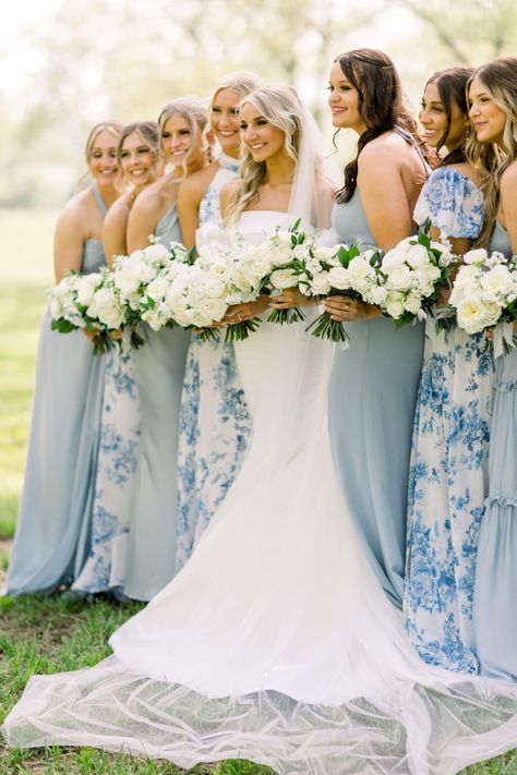 Blue Bridesmaid Inspiration Mix And Match Bridesmaid Dresses Blue Floral Prints, Mixed Blue And Green Bridesmaid Dresses, Baby Blue Bridesmaid Dresses Mismatched, Blue And Green Floral Bridesmaid Dresses, Nautical Bridesmaid Dress, Bridesmaid Color Palette, Slate Blue Bridesmaid Dresses, Mismatched Bridesmaid Dresses Blue, Baby Blue Bridesmaid Dresses