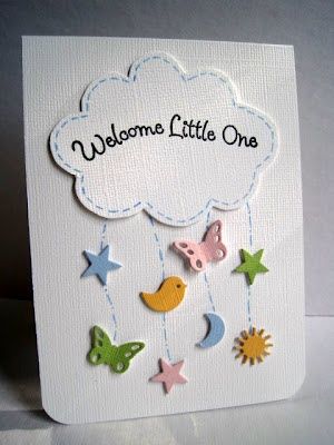 handmade baby card from Im in Haven: CAS-ual Fridays 64...The Sky ... stictched cloud with sentiment ... punched baby ikons hanging from it like a mobile ... luv it!! Idee Babyshower, Baby Cards Handmade, Cloud Mobile, Album Foto, Baby Shower Card, Karten Design, Cricut Cards, Baby Card, Baby Shower Cards