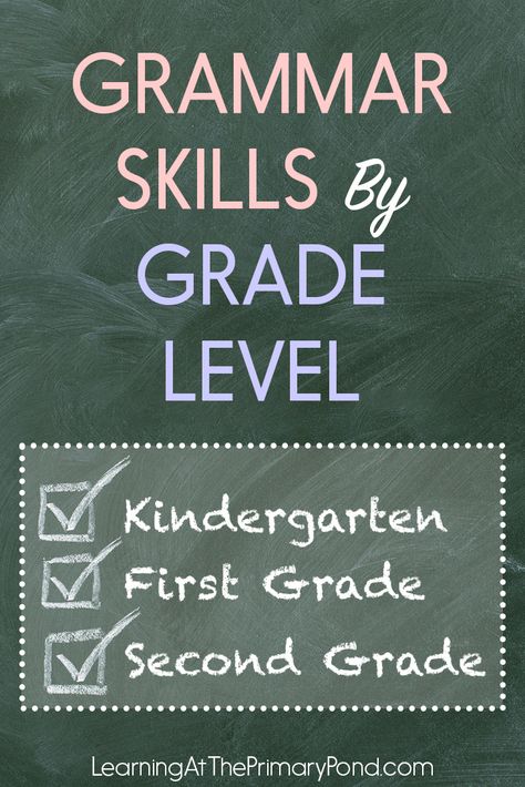 Looking for a list of grammar skills to teach in Kindergarten, first grade, and second grade? This post has a free list of grammar skills by grade level! - Learning at the Primary Pond #grammarskills #kindergarten #firstgrade #secondgrade Grammar Lessons For Grade 1, 1st Grade Grammar, How To Teach Grammar, Kindergarten Grammar, 2nd Grade Grammar, Writing Conventions, Linking Verbs, Describing Words, Sentence Building