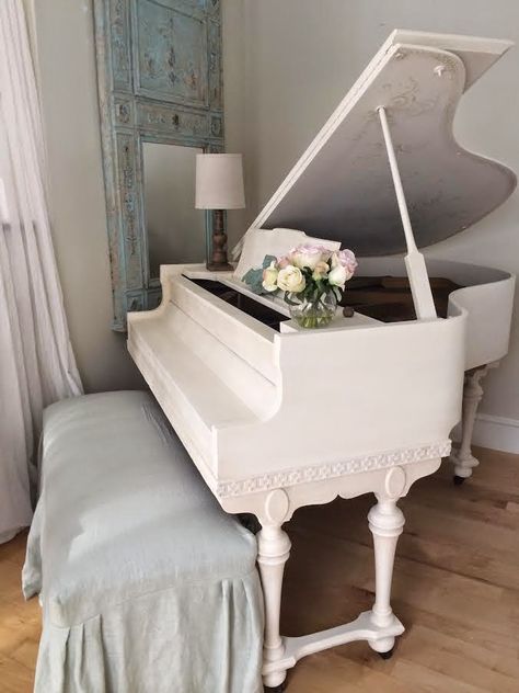 Maison Decor: A Whimsical Painting Style, Mora Clocks, and My Painted Piano Grand Piano Room, Painted Piano, Painted Pianos, Baby Grand Piano, Piano Decor, White Piano, Magazine Shoot, Baby Grand Pianos, Piano Room