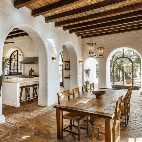 Spanish Villas Exterior, Mexican Villa Interior Design, Spanish Hotel Design, Spanish Brick House Exterior, California Ranch Kitchen, Spanish House Design Interior, Hacienda Inspired Homes, Spanish Craftsman Style Homes, Spanish Pueblo Revival