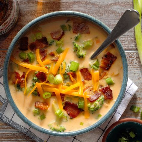 Broccoli Beer Cheese Soup Recipe | Taste of Home Broccoli Beer Cheese Soup, Holiday Soup Recipes, Freeze Soup, Super Bowl Food Ideas, Beer Cheese Soup Recipes, Holiday Soups, Beer Cheese Soup, Beer Cheese Soups, Cheese Soup Recipes