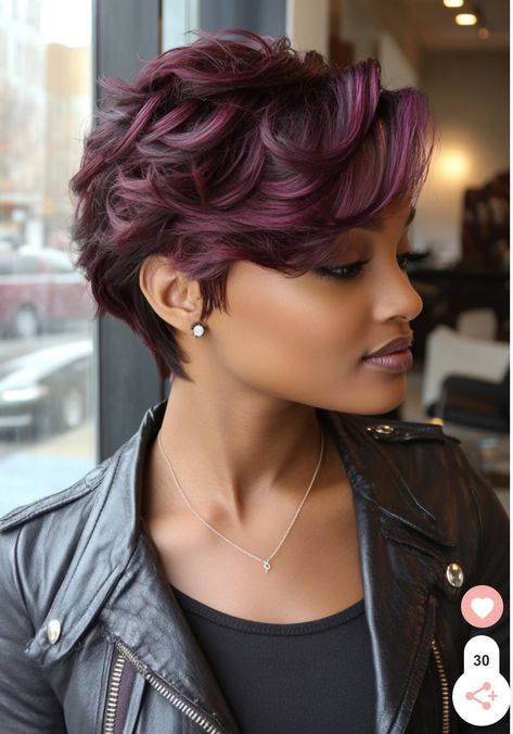 Hair Color Ideas For Black Women Short, Fall Hair Colors Short Pixie Cuts, Short Fall Hairstyles Cut And Color, Hair Styles Fall 2024, Ear Length Bob Black Women, Purple Bob Black Women, Fall Hair Color For Black Women, Plum Hair Color On Black Women, Fall Hair Colors For Short Hair