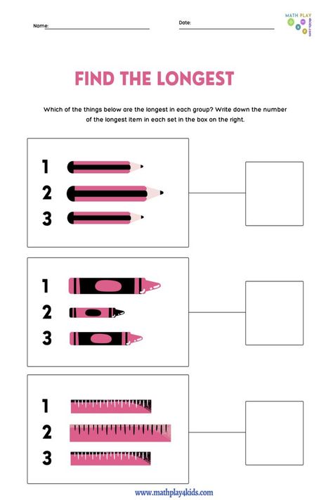 Identify the longest or shortest object in the group Long Longer Longest Worksheet, Farm Animal Counting, Number Worksheets For Preschool, Math Worksheets For Preschool, Fun Math Worksheets, Measurement Worksheets, Preschool Counting, Prek Math, Worksheet For Kids