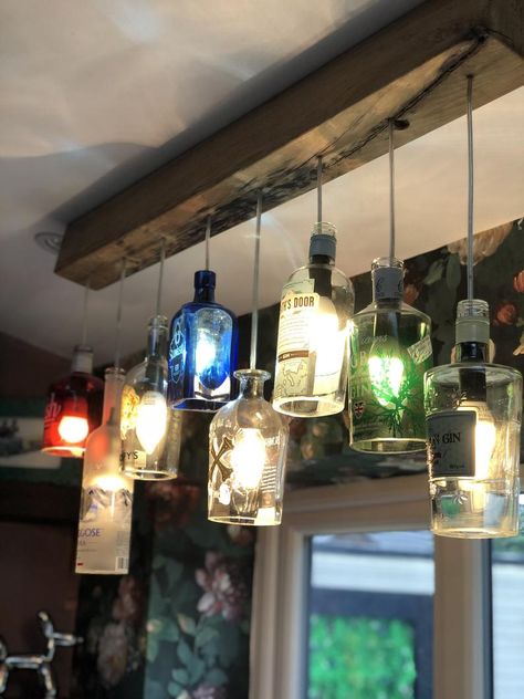 Whisky Bottle Chandelier, Pendant Lights For Bar, Beer Bottle Lights Hanging, Wine Bottle Pendant Lights, Hanging Bottle Lights, Whiskey Bottle Chandelier, Wine Glass Light Fixture, Bottle Ceiling Lights, Gin Bottle Lights