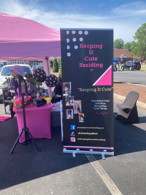 Pop Up Event Ideas Boutique, Hair Pop Up Shop Ideas, Hairstylist Vendor Booth, Vendor Setup, Popup Event Ideas, Event Table Set Up Ideas Business, Pop Up Shop Necessities, Vendor Banner Ideas, First Time Vendor Event