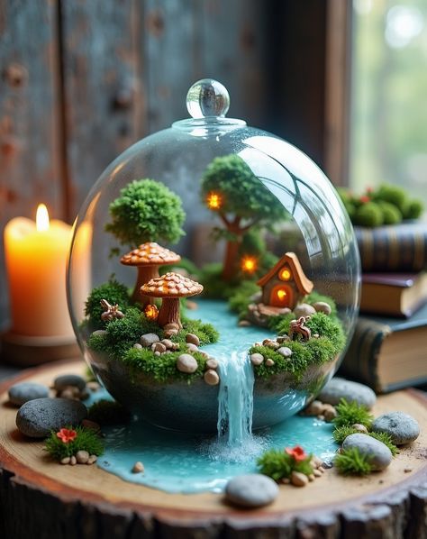 Step into a magical world 🌿✨ A tiny enchanted forest in a glass terrarium, where waterfalls whisper and fairies dwell 🦋🌸 #MiniatureMagic #FairyTaleVibes #CozyCorner #aiart Fairy Terrarium Ideas, Terrarium Fairy Garden, Cottage Core Wedding, Fairy Terrarium, Terrarium Ideas, Plant Terrarium, Jar Decor, Forest Path, Glass Terrarium