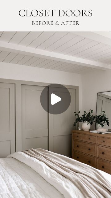 KATIE STAPLES on Instagram: "The difference pretty doors can make! Especially when they take up an entire wall of your bedroom. And I suppose the planked ceiling helps too. Two of my favorite projects to date!  Door Info: 2-panel shaker door ordered from Ganahl Lumber and installed by my contractor. Ours needed to be custom-ordered because the size was not standard. I linked the same style door for you that can be ordered in various standard sizes!   Paint: Doors are Sherwin Williams Jogging Path. Walls, ceilings, and trim are Benjamin Moore Swiss Coffee  Plank Ceiling: See ‘bedroom ceiling’ highlight  To shop, click the link in my bio and select ‘Shop My Instagram -OR- Comment SHOP to receive a DM with links to all of the furniture and decor featured in this post!" Jogging Path Sherwin Williams, Sherwin Williams Jogging Path, 2 Panel Shaker Door, Benjamin Moore Swiss Coffee, Jogging Path, Planked Ceiling, Pretty Doors, Paint Doors, Painting Shiplap