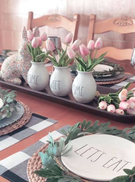 Easter Apartment Decor, Easter Dining Room Decor, Rae Dunn Table Centerpiece, Easter Decorations Living Room, Easter Centerpieces Table Dining Rooms, Easter Dining Table Decor Centerpieces, Easter Dough Bowl Centerpiece, Easter Table Settings Simple, Easter Kitchen Decor Ideas