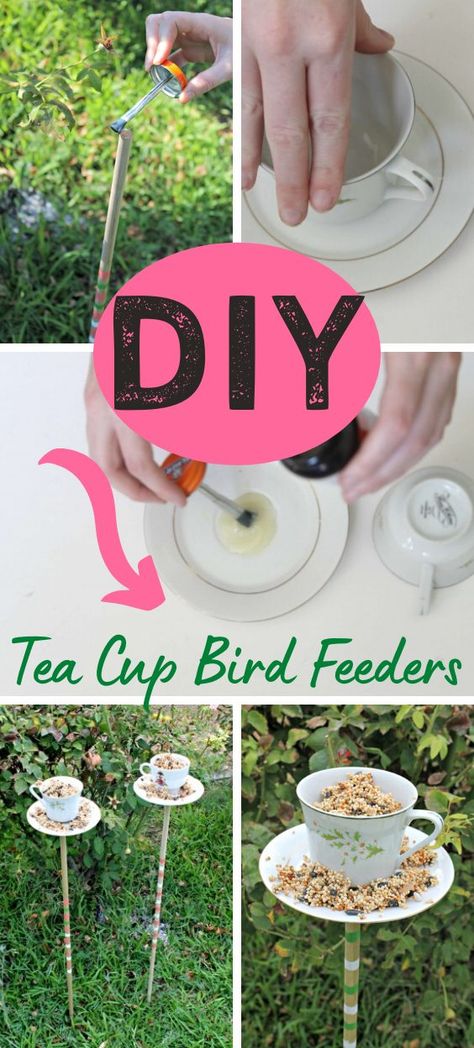 DIY Tea Cup Bird Feeders — CraftBits.com #birdfeeders #recycled #kidscrafts Bird Feeder Tea Cup, Teacup Bird Feeder Diy Teapot Birdhouse, Tea Cup Bird Feeders, Coffee Cup Bird Feeder, Old Tea Cups Ideas Garden, Tea Pot Crafts Diy Ideas, Tea Cup Bird Feeder Diy, Cup And Saucer Bird Feeders, Old Tea Cups Ideas