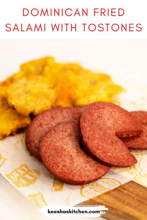 How to Make Fried Salami | Dominican Fried Salami with Tostones Tostones Recipe, Caribbean Breakfast, Dominican Breakfast, Fried Salami, Mango Chia Pudding, Coconut Pancakes, Breakfast Options, Chia Pudding, Breakfast Recipes Easy